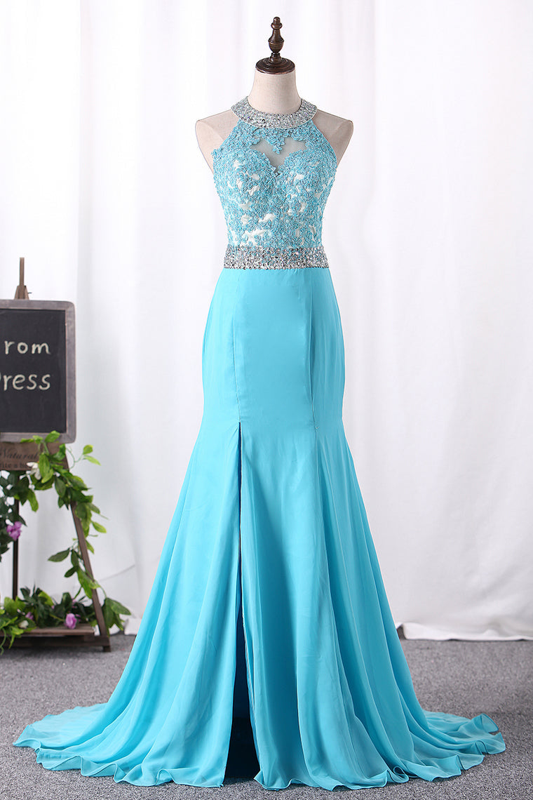 2024 Prom Dresses Mermaid Scoop Chiffon With Applique And Slit