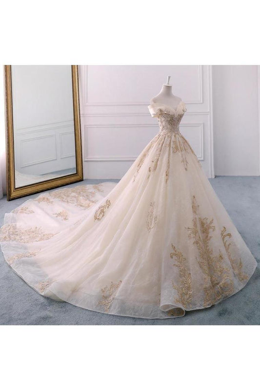 Ball Gown Tulle Wedding Dresses Off The Shoulder Appliques Beads Chapel Train