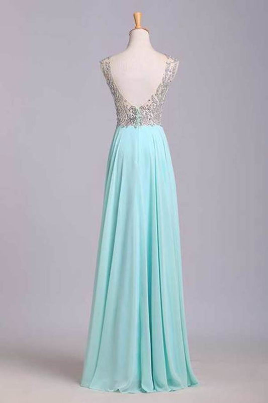 2024 V Neck Prom Dresses A Line Beaded Bodice Sweep Train Chiffon And Tulle