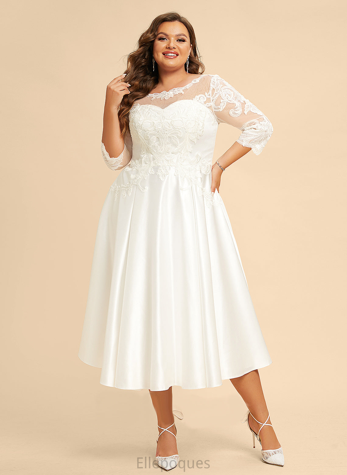 Wedding Tea-Length Magdalena A-Line Dress Illusion With Wedding Dresses Lace Satin