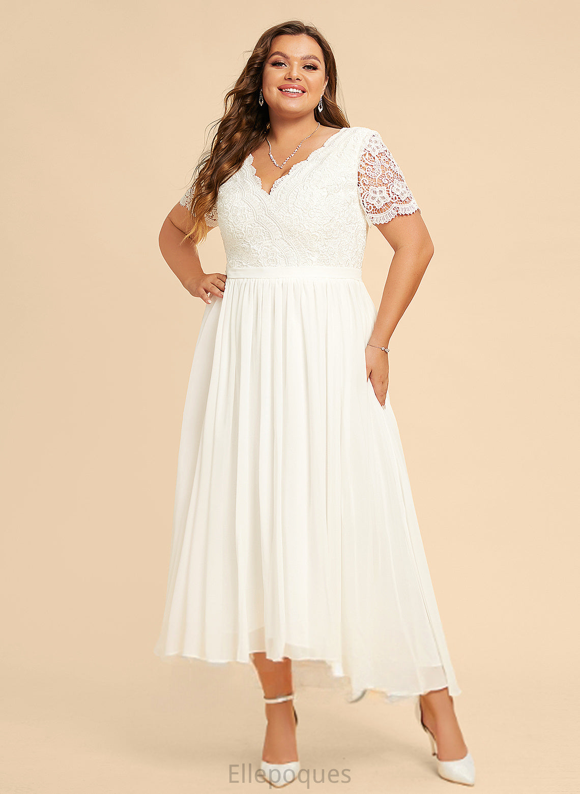 Wedding Saniya Wedding Dresses Lace Asymmetrical Chiffon A-Line Dress V-neck