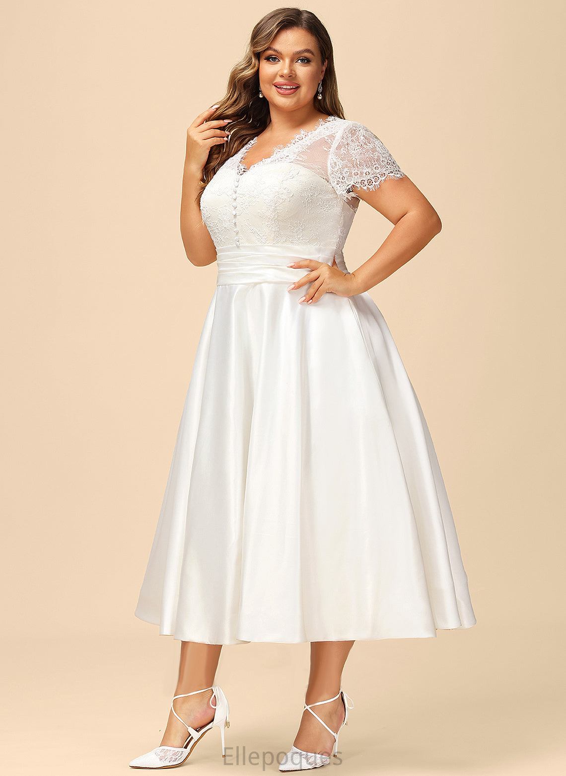 Satin Pockets A-Line Ruffle With Jada Dress Wedding Dresses Lace Tea-Length Wedding V-neck