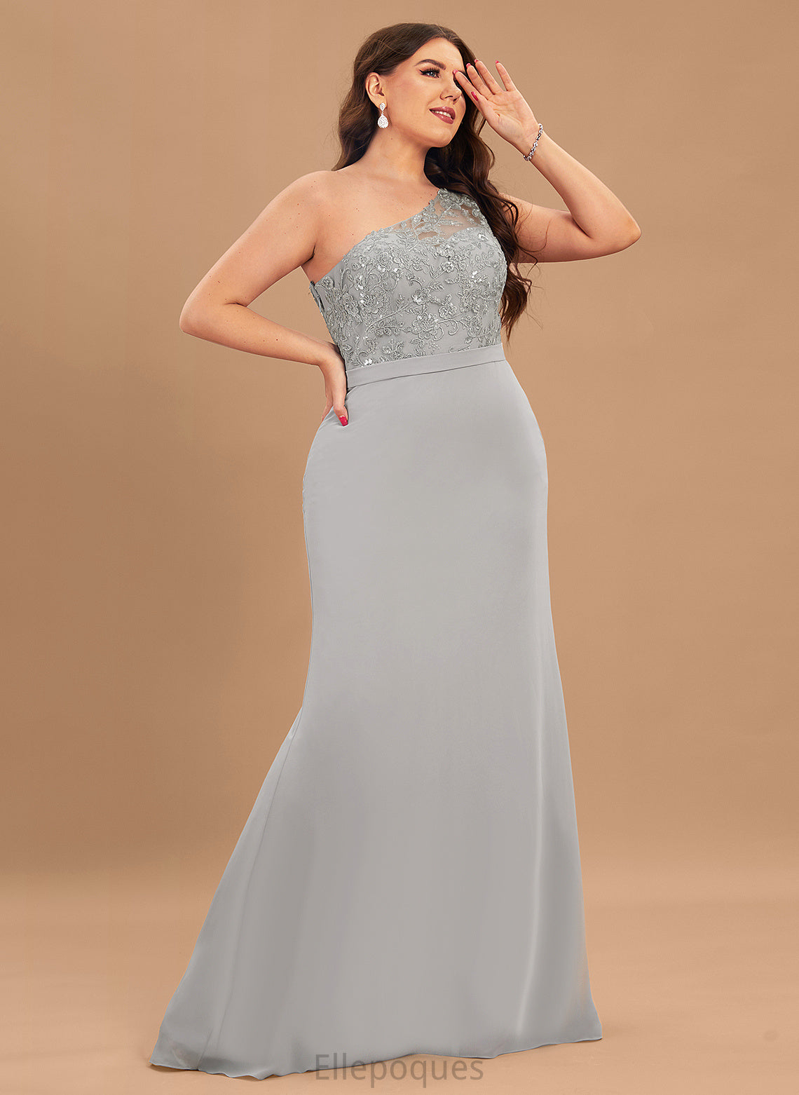 Silhouette One-Shoulder SweepTrain Fabric Neckline Sequins Embellishment Length Trumpet/Mermaid Christina A-Line/Princess Natural Waist Bridesmaid Dresses