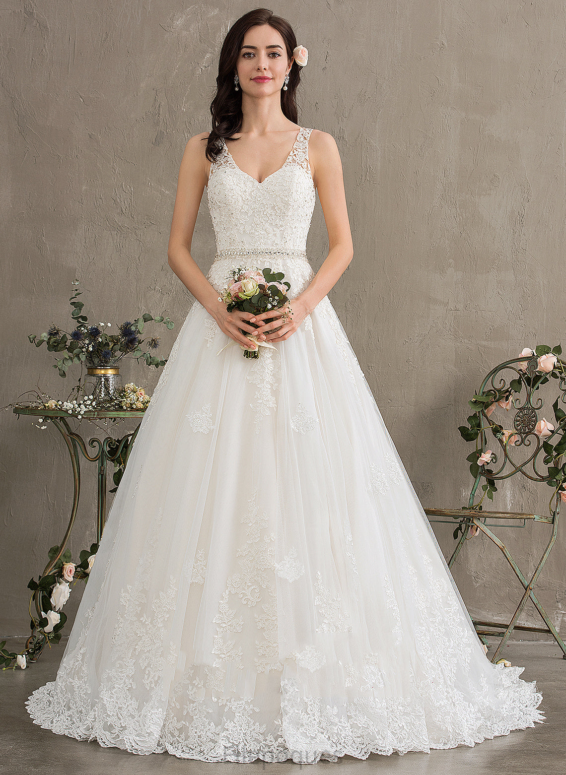 Ball-Gown/Princess Lace Wedding Dresses With Court Wedding Train Beading V-neck Dress Marlene Sequins Tulle