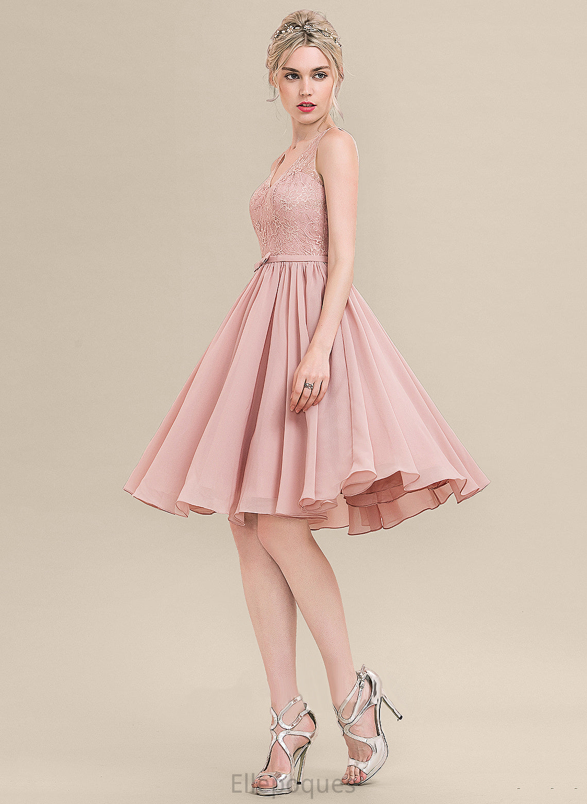 Lace A-Line Marisa Lace V-neck Homecoming Dresses With Dress Chiffon Bow(s) Homecoming Knee-Length