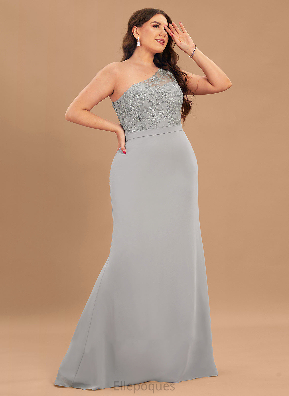 Neckline One-Shoulder SweepTrain Straps Fabric Silhouette Trumpet/Mermaid Lace Length Paola Natural Waist Floor Length Bridesmaid Dresses