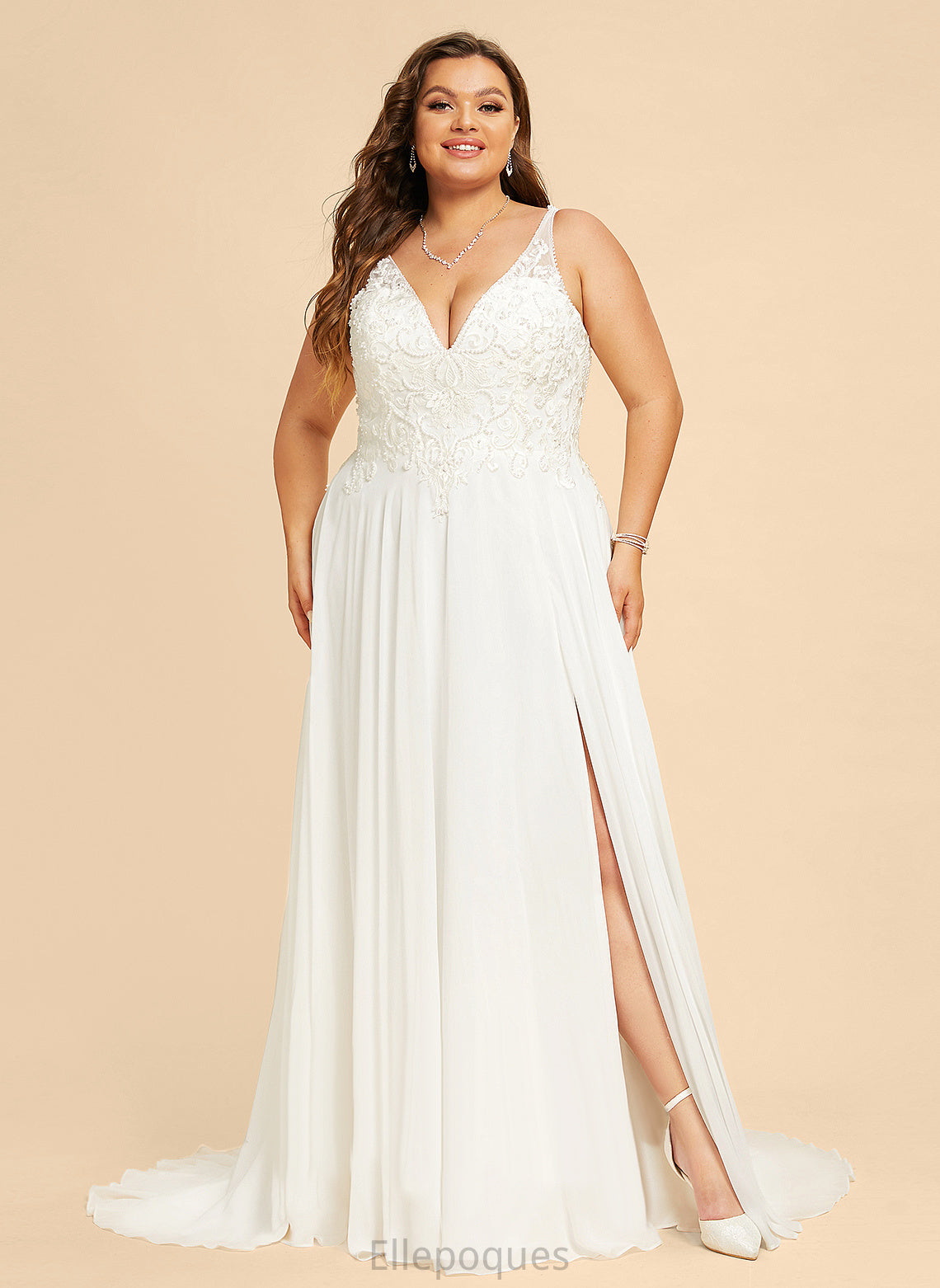 Lace Dress Sofia V-neck Chiffon With Beading Train Sequins A-Line Split Front Sweep Wedding Dresses Wedding