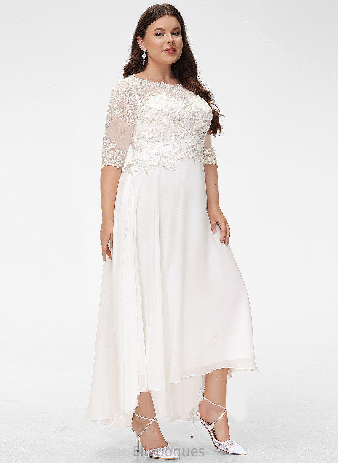 Sequins Beading A-Line Neck Asymmetrical Wedding Dresses Chiffon Dress Scoop Wedding Lace With Daisy