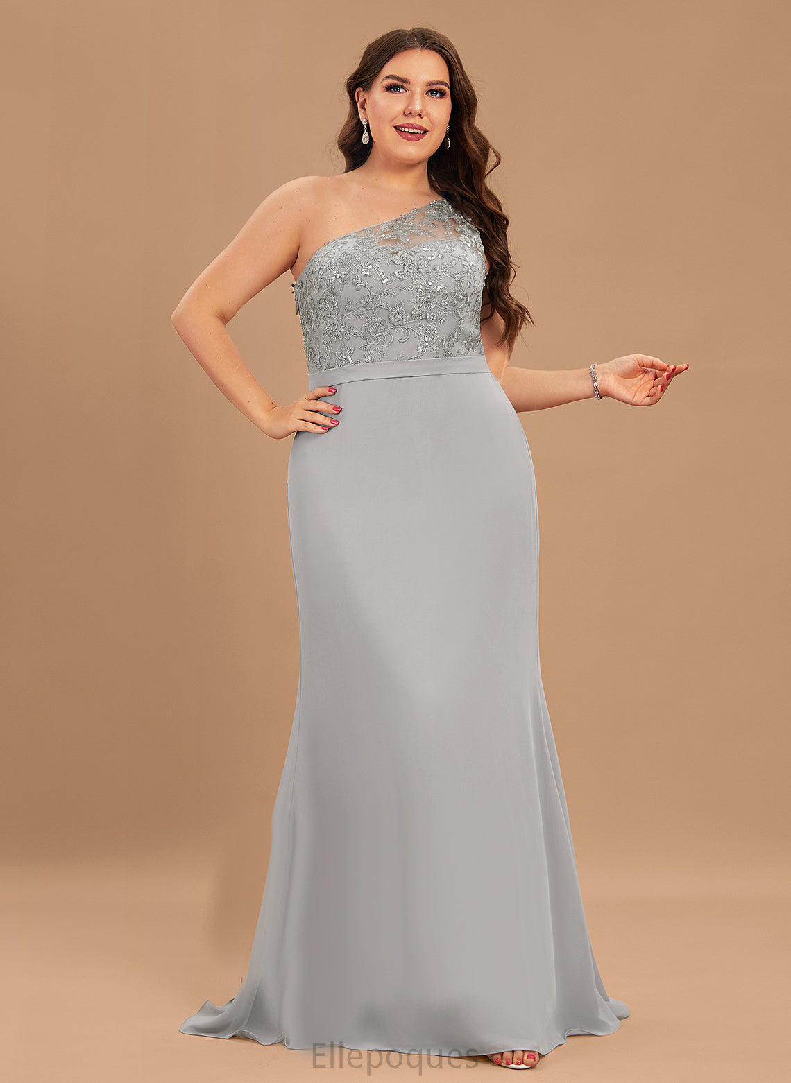 Silhouette One-Shoulder SweepTrain Fabric Neckline Sequins Embellishment Length Trumpet/Mermaid Christina A-Line/Princess Natural Waist Bridesmaid Dresses