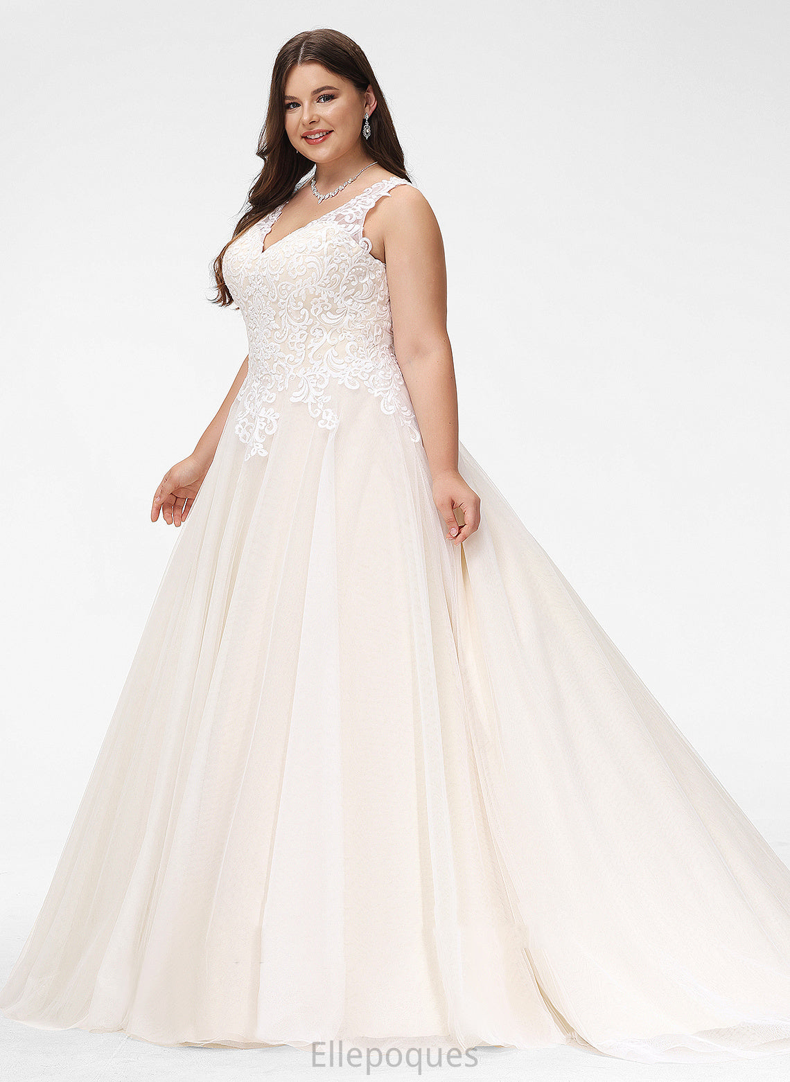 Ball-Gown/Princess Delilah Lace V-neck Wedding Dresses Wedding Train Dress Tulle Court