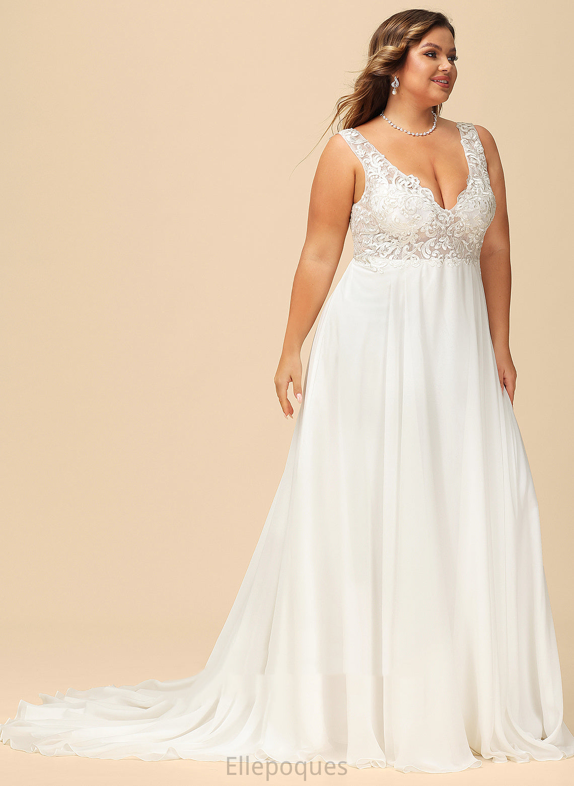 V-neck Chiffon Court Wedding Wedding Dresses A-Line Lace Halle Dress Train