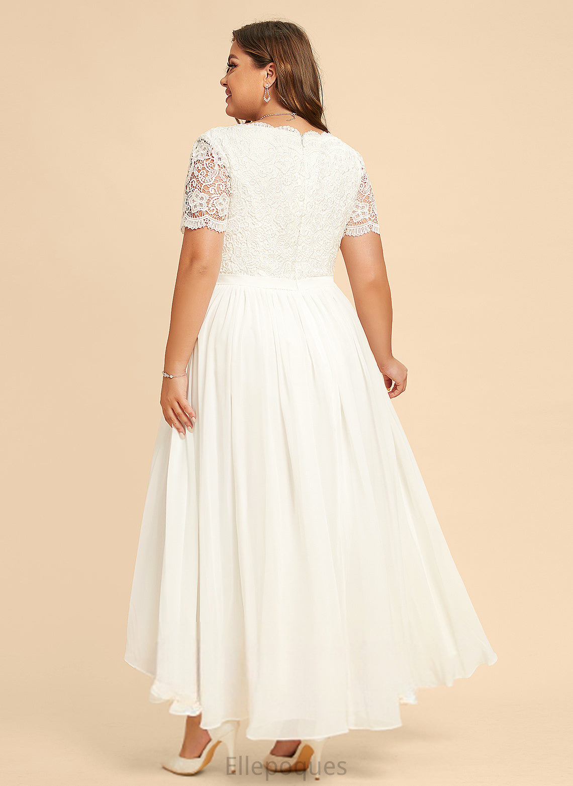 Wedding Saniya Wedding Dresses Lace Asymmetrical Chiffon A-Line Dress V-neck