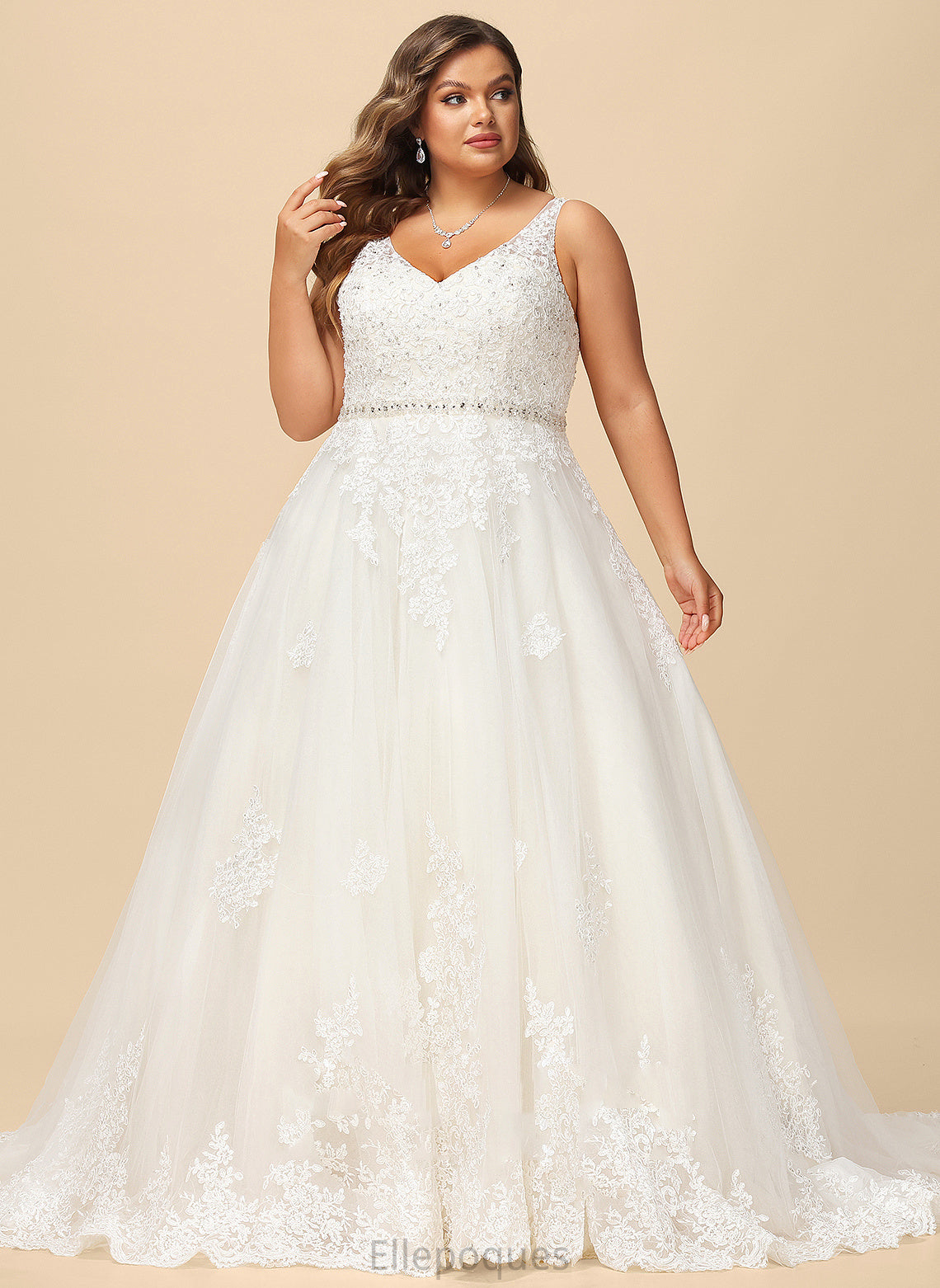 Ball-Gown/Princess Lace Wedding Dresses With Court Wedding Train Beading V-neck Dress Marlene Sequins Tulle