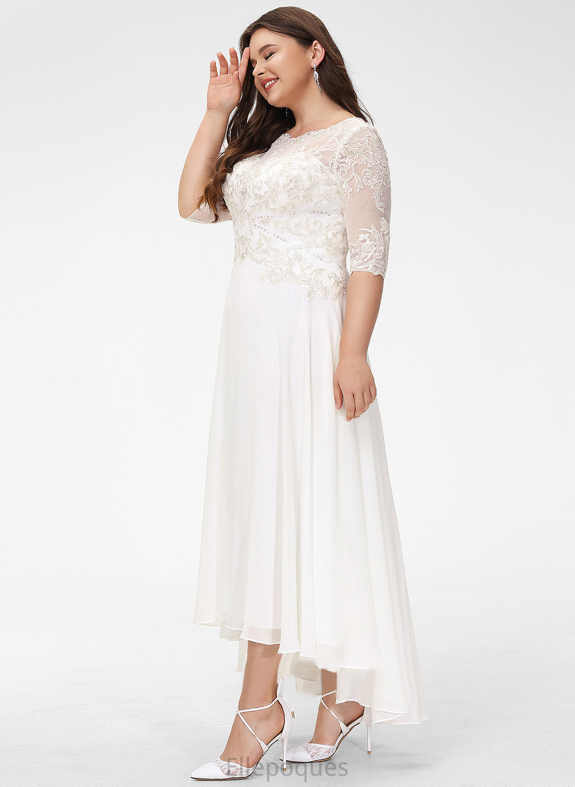 Sequins Beading A-Line Neck Asymmetrical Wedding Dresses Chiffon Dress Scoop Wedding Lace With Daisy