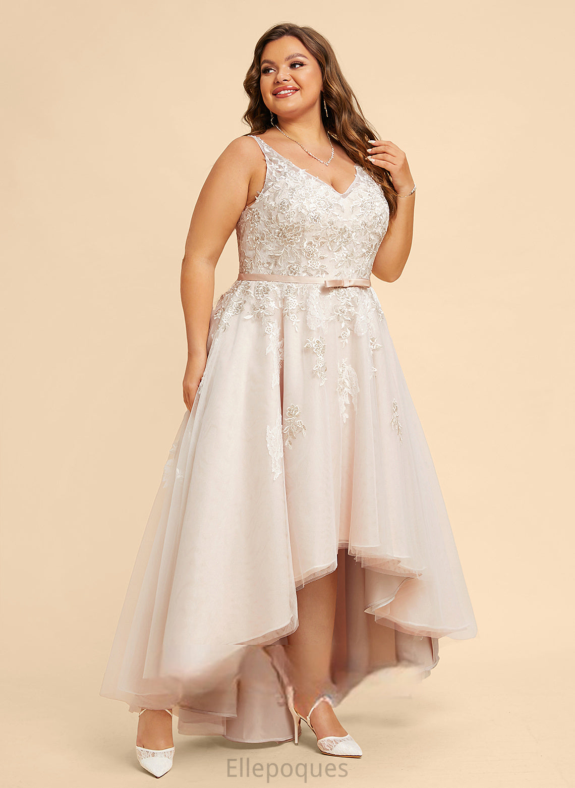 Dress A-Line Bow(s) With Lace Tulle Halle V-neck Wedding Asymmetrical Satin Wedding Dresses