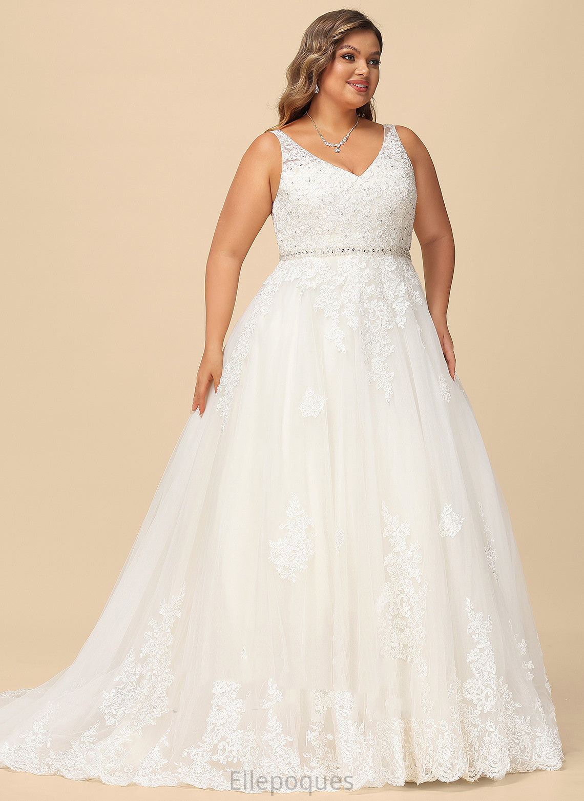 Ball-Gown/Princess Lace Wedding Dresses With Court Wedding Train Beading V-neck Dress Marlene Sequins Tulle