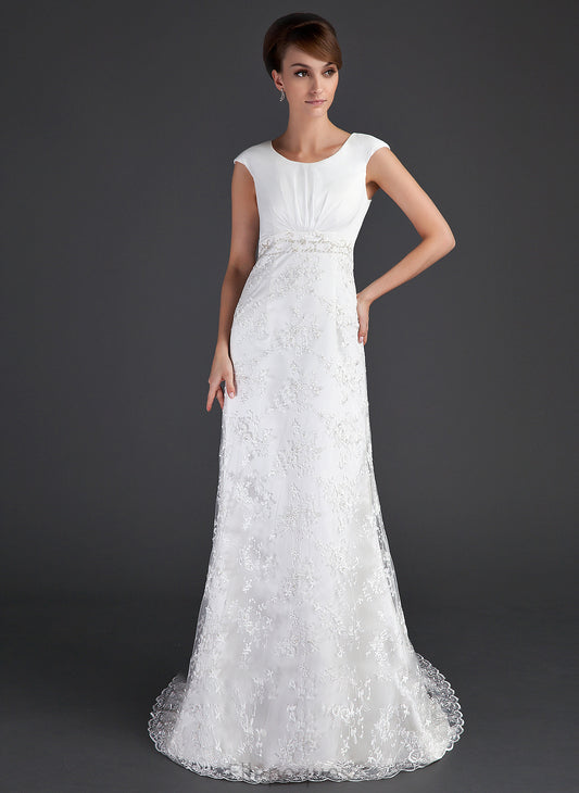 Wedding Dresses Lace With Court Ruffle Wedding Chaya Neck Dress Train Scoop Beading Sheath/Column