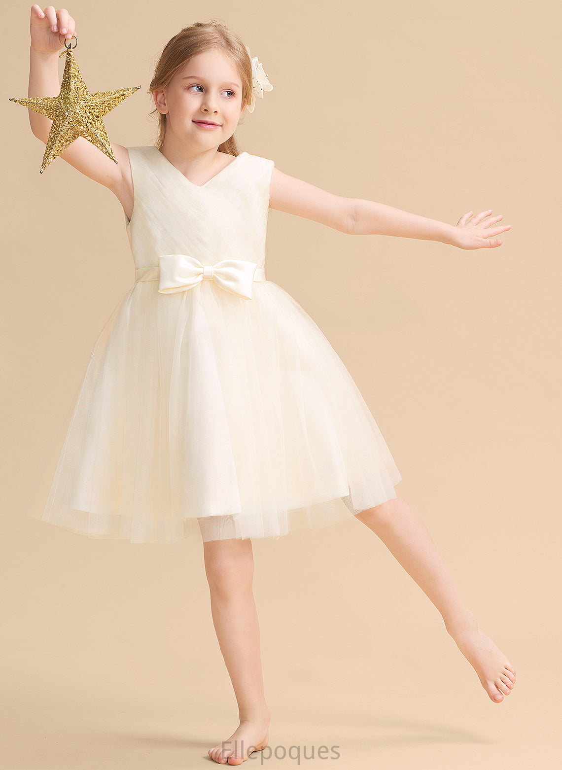 Tulle Flower Girl Dresses - Sleeveless Dress V-neck Bow(s) A-Line Girl With Mattie Flower Knee-length