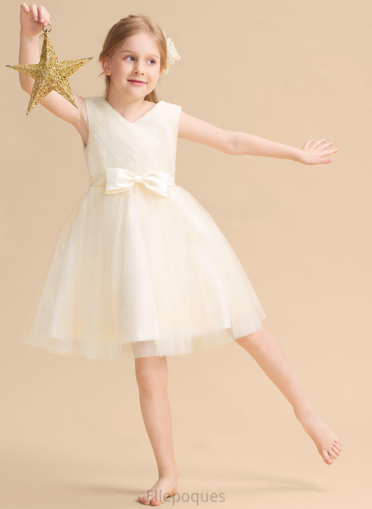 Tulle Flower Girl Dresses - Sleeveless Dress V-neck Bow(s) A-Line Girl With Mattie Flower Knee-length