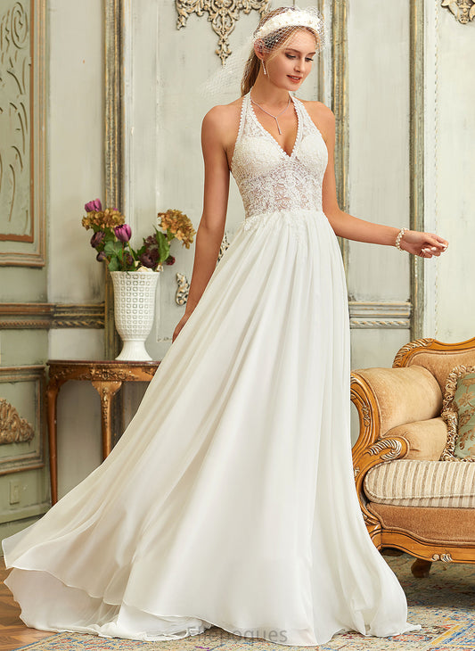 Train Dress Wedding Wedding Dresses Halter A-Line Sweep Sherlyn Lace Chiffon