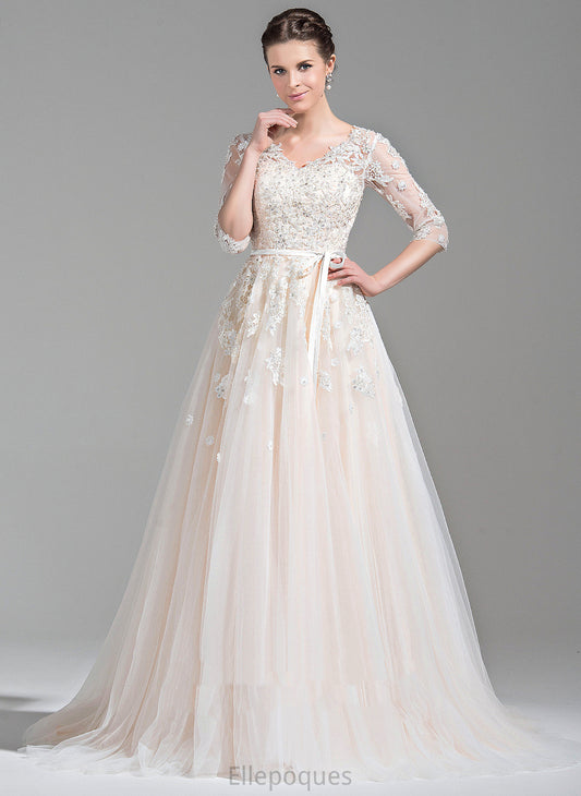 Dress Wedding Ball-Gown/Princess Wedding Dresses Appliques With Tulle V-neck Lace Beading Sequins Court Jocelynn Satin Train Bow(s)