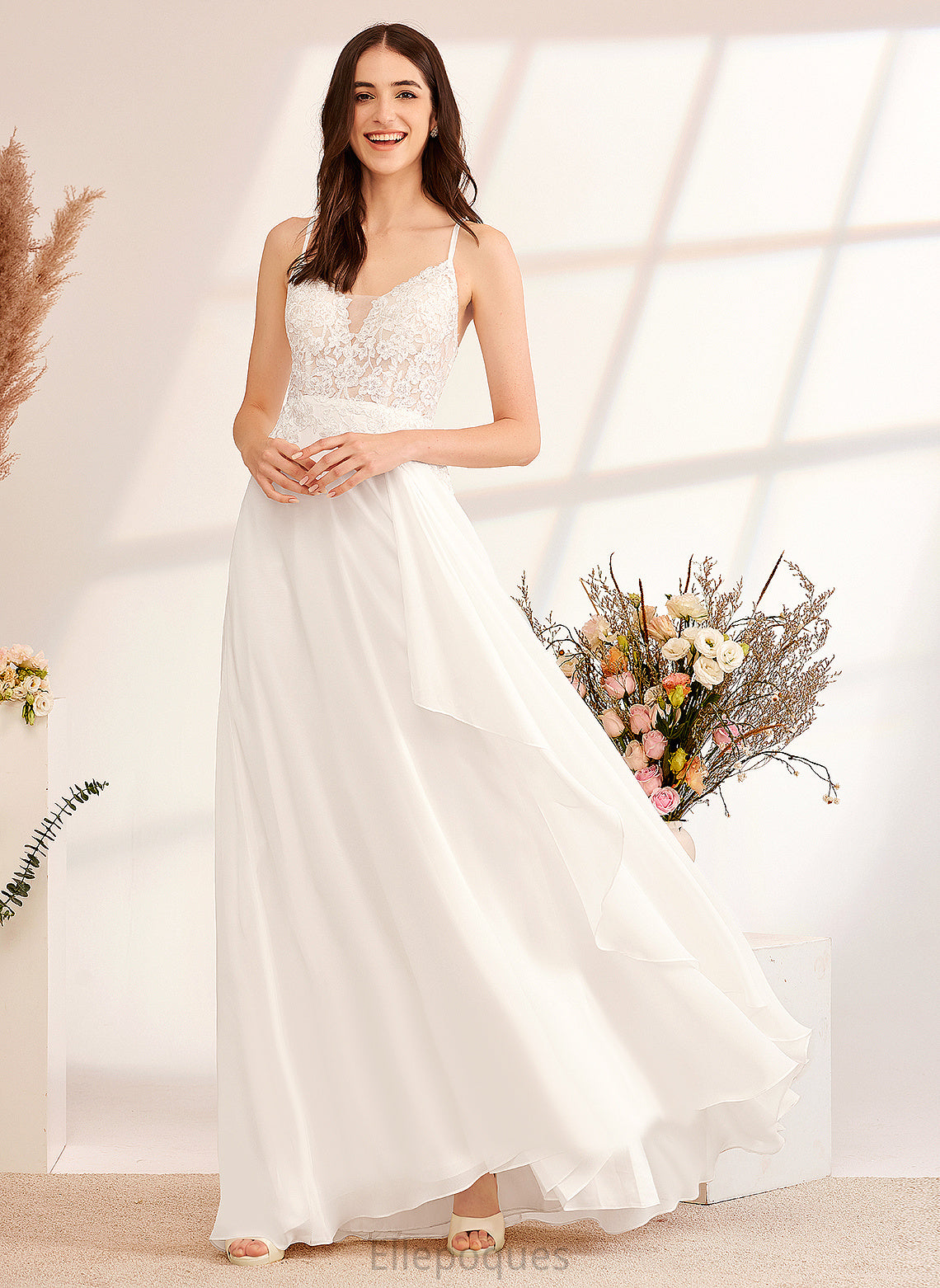 Chiffon With Wedding Dresses Floor-Length Wedding Lace Dress V-neck A-Line Ryleigh Sequins