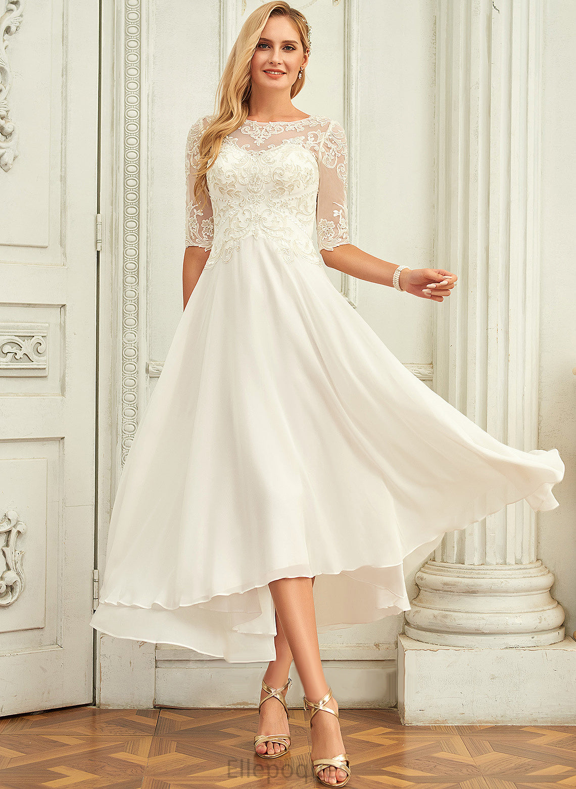 Sequins Dress Wedding Asymmetrical Beading With A-Line Lace Chiffon Fatima Wedding Dresses Scoop