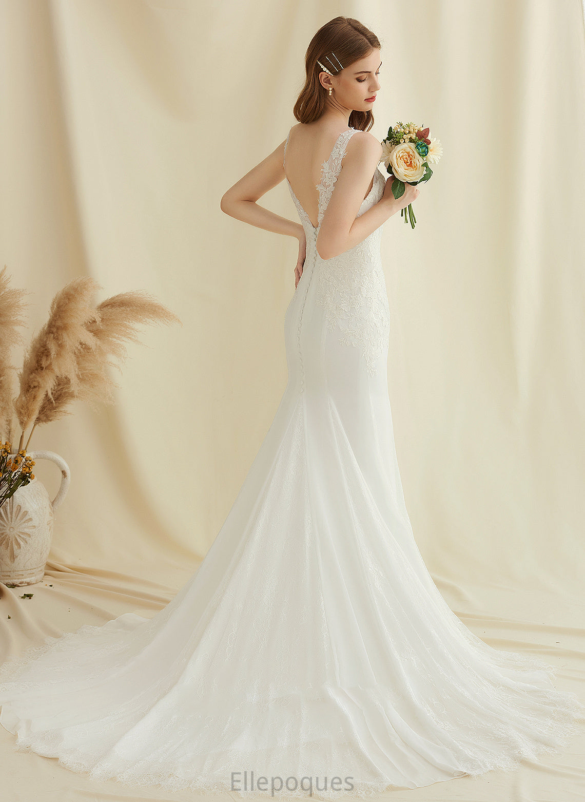 Wedding Court Dress Chiffon Maryjane Trumpet/Mermaid Wedding Dresses Lace Train V-neck