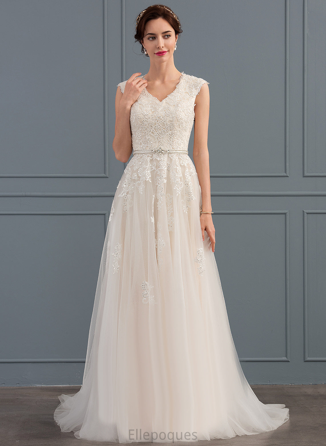 Itzel A-Line Sweep V-neck Dress Lace Sequins Wedding Dresses Train Beading With Wedding Bow(s) Tulle