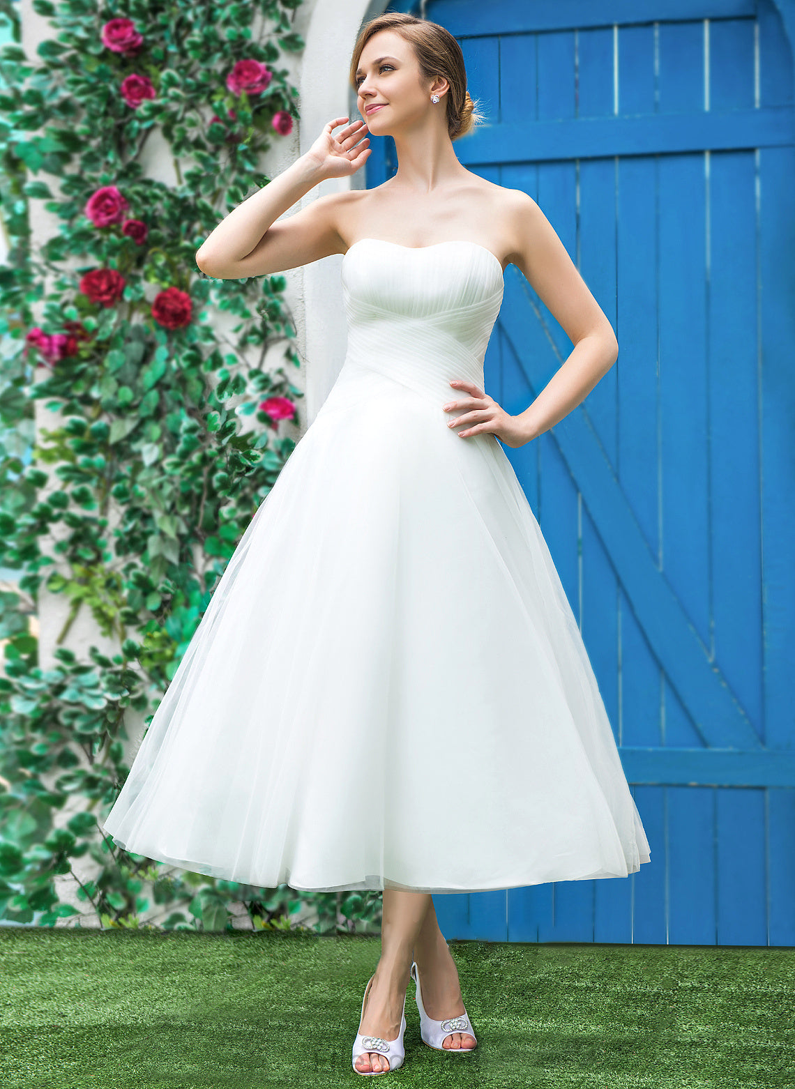 With Dress A-Line Ruffle Sweetheart Tulle Wedding Dresses Tea-Length Wedding Cadence