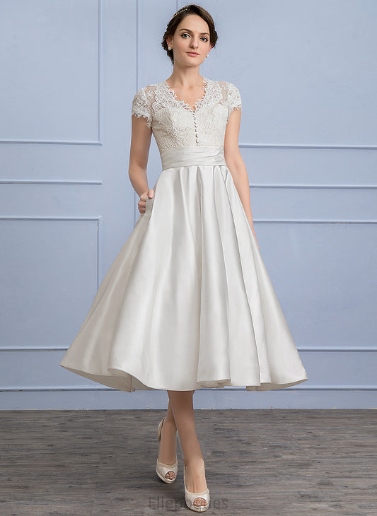 A-Line Ruffle Dress Wedding With Satin Tea-Length Diya Wedding Dresses V-neck Lace