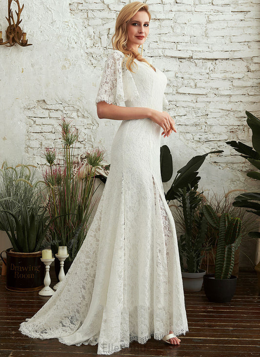 With Split Nellie Lace Dress Train Wedding Dresses V-neck Wedding Sweep Sheath/Column Front