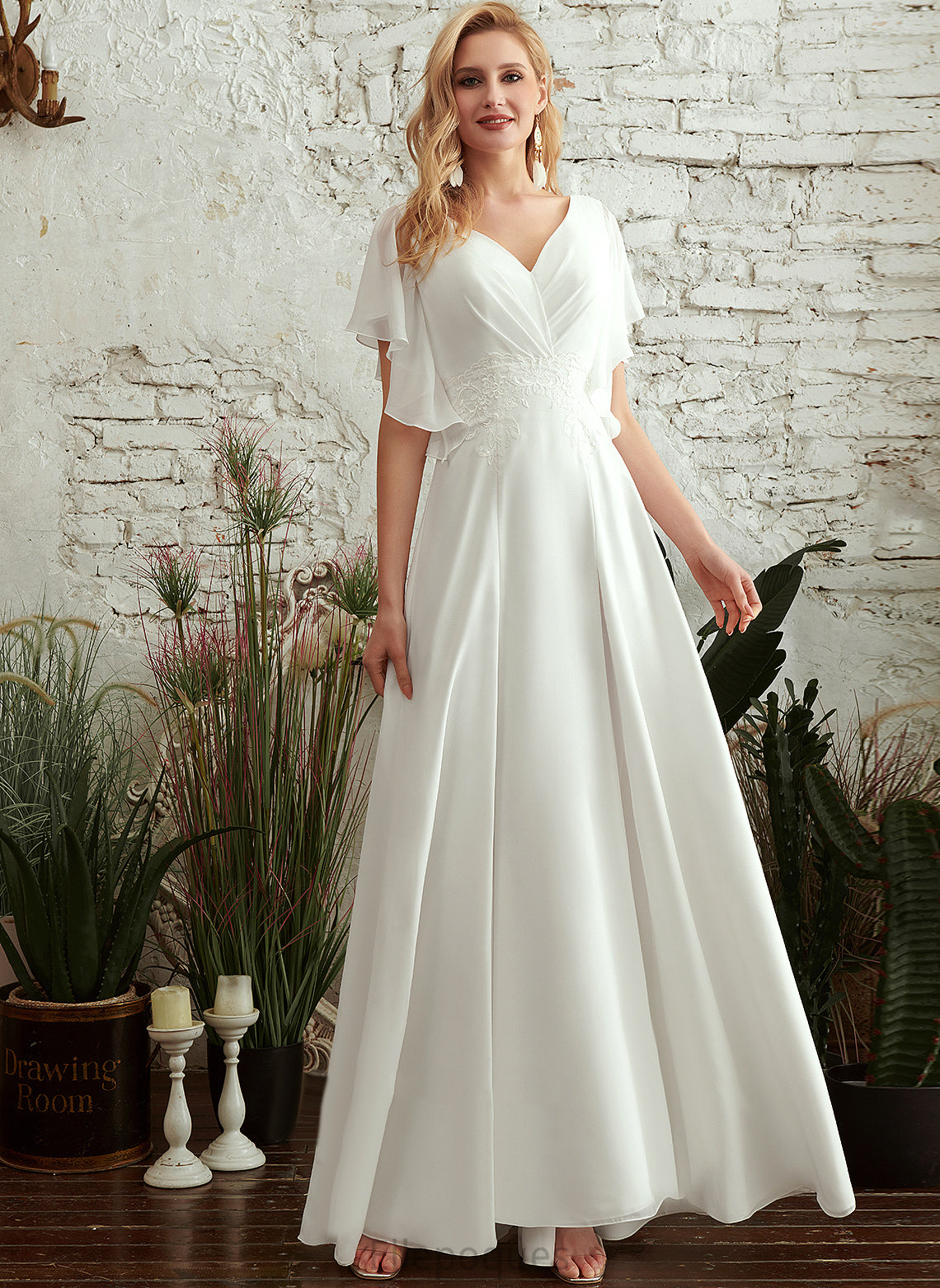 Front Shayna Split Wedding A-Line Chiffon V-neck Dress Lace Wedding Dresses With Floor-Length