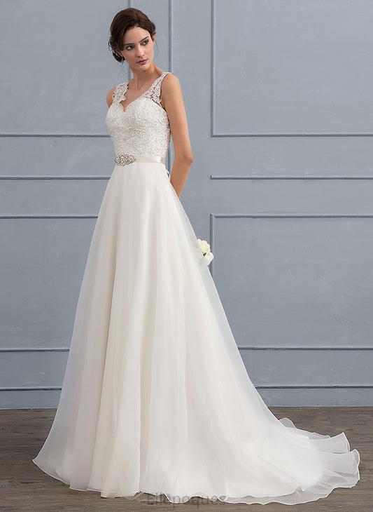 Wedding Dresses Beading With Sweep A-Line Organza V-neck Wedding Dress Bow(s) Cheyenne Train