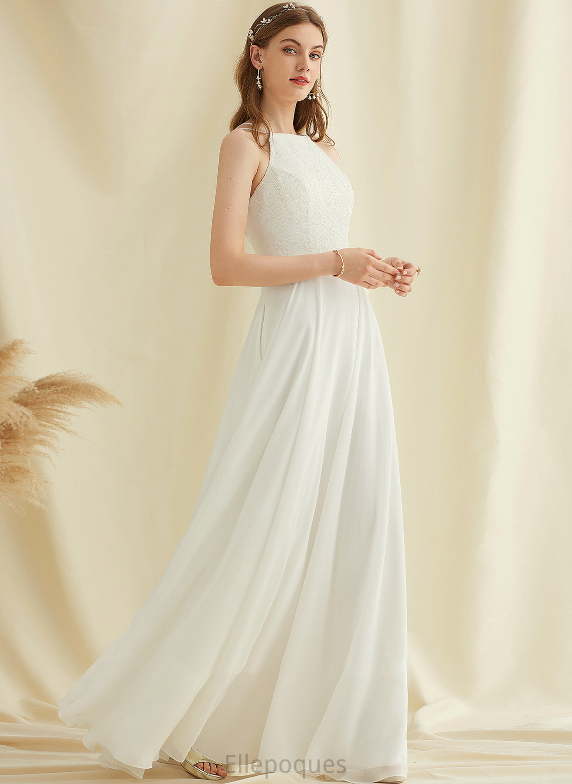 With Floor-Length Scoop Chiffon Wedding Wedding Dresses A-Line Dress Lace Thirza Neck Pockets