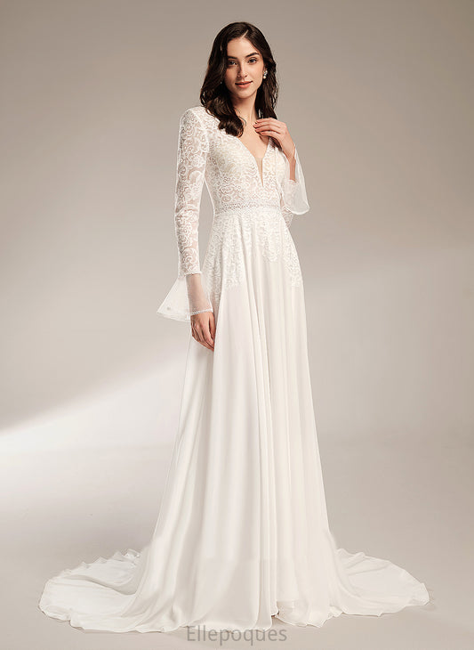 Mattie V-neck Ruffle With Train Dress A-Line Lace Wedding Wedding Dresses Chiffon Court