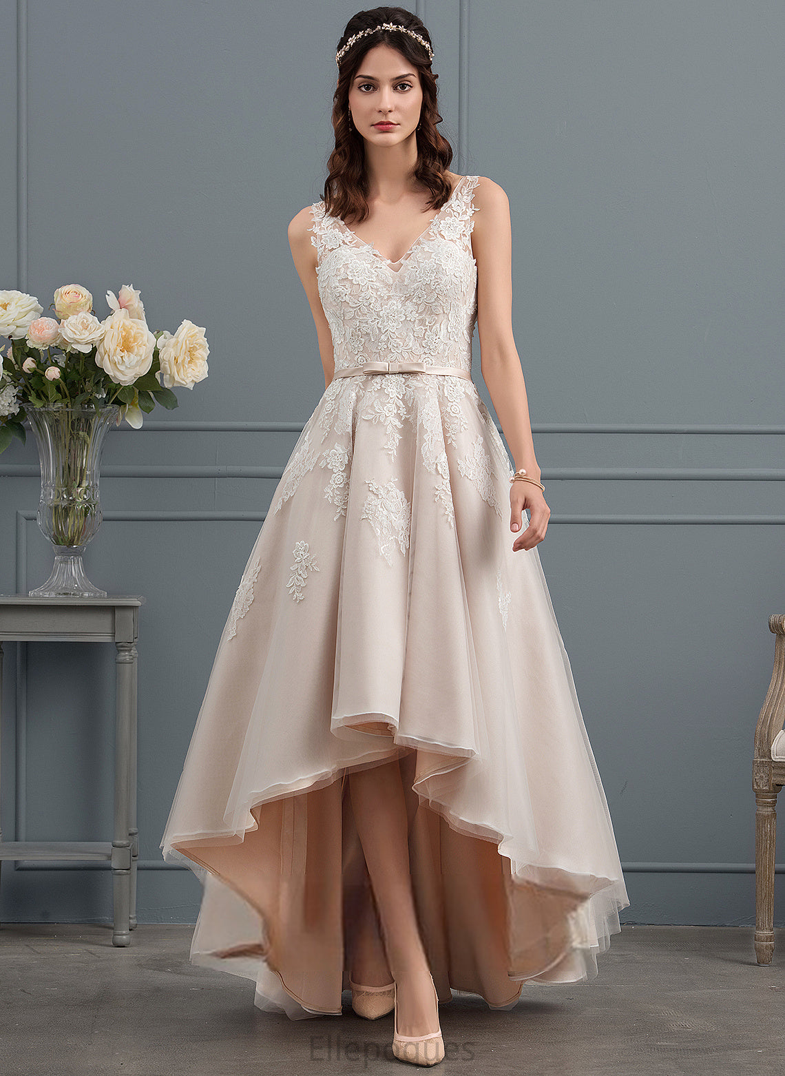 Dress A-Line Bow(s) With Lace Tulle Halle V-neck Wedding Asymmetrical Satin Wedding Dresses