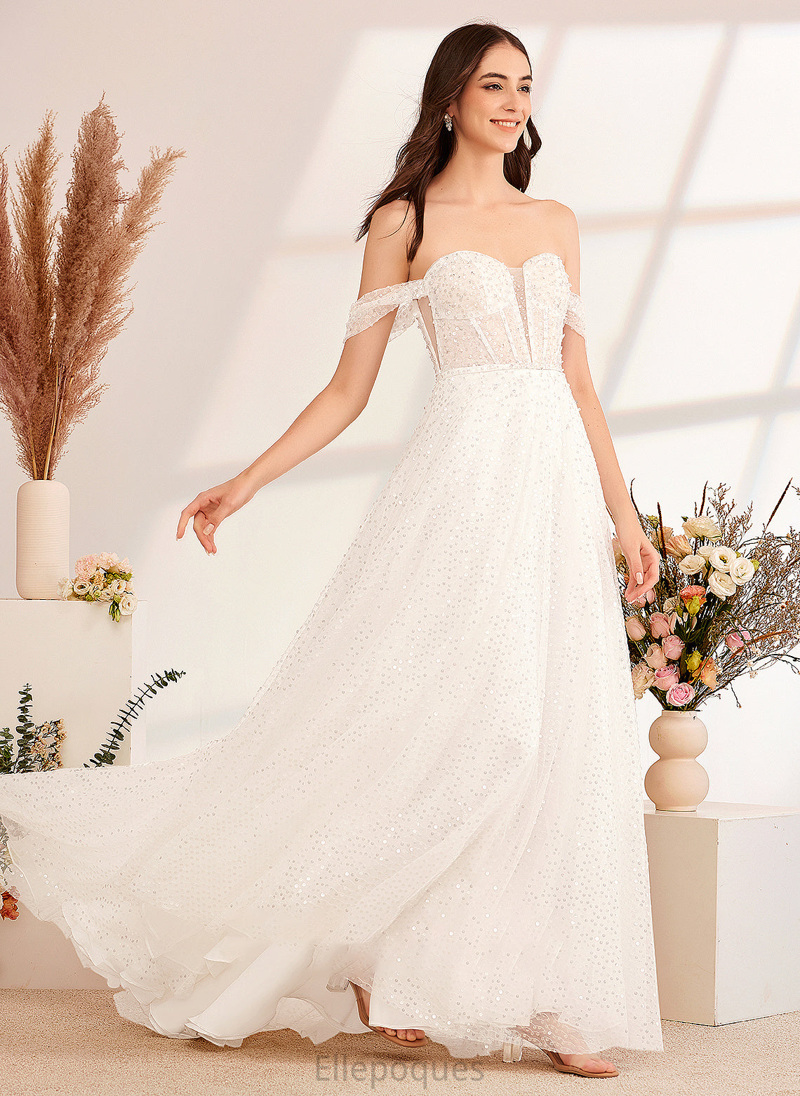 A-Line With Off-the-Shoulder Dress Valery Wedding Dresses Sweep Train Wedding Sequins