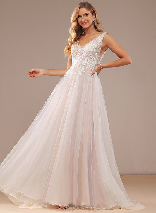 V-neck Lace Wedding Sweep Train With Wedding Dresses Tulle Dress Ball-Gown/Princess Emily Lace