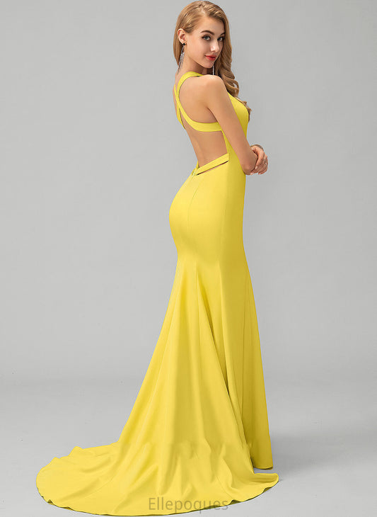 Crepe Rita Trumpet/Mermaid Sweep Train V-neck Prom Dresses Stretch