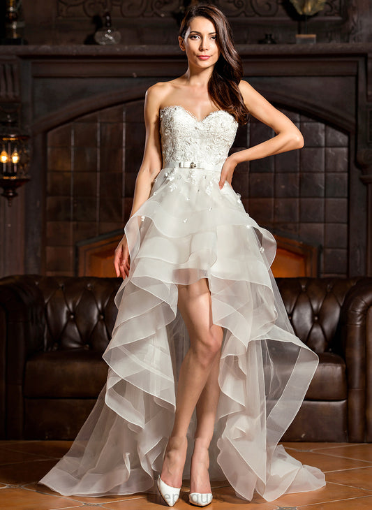 A-Line Tulle With Wedding Bow(s) Sweetheart Beading Charity Dress Asymmetrical Wedding Dresses