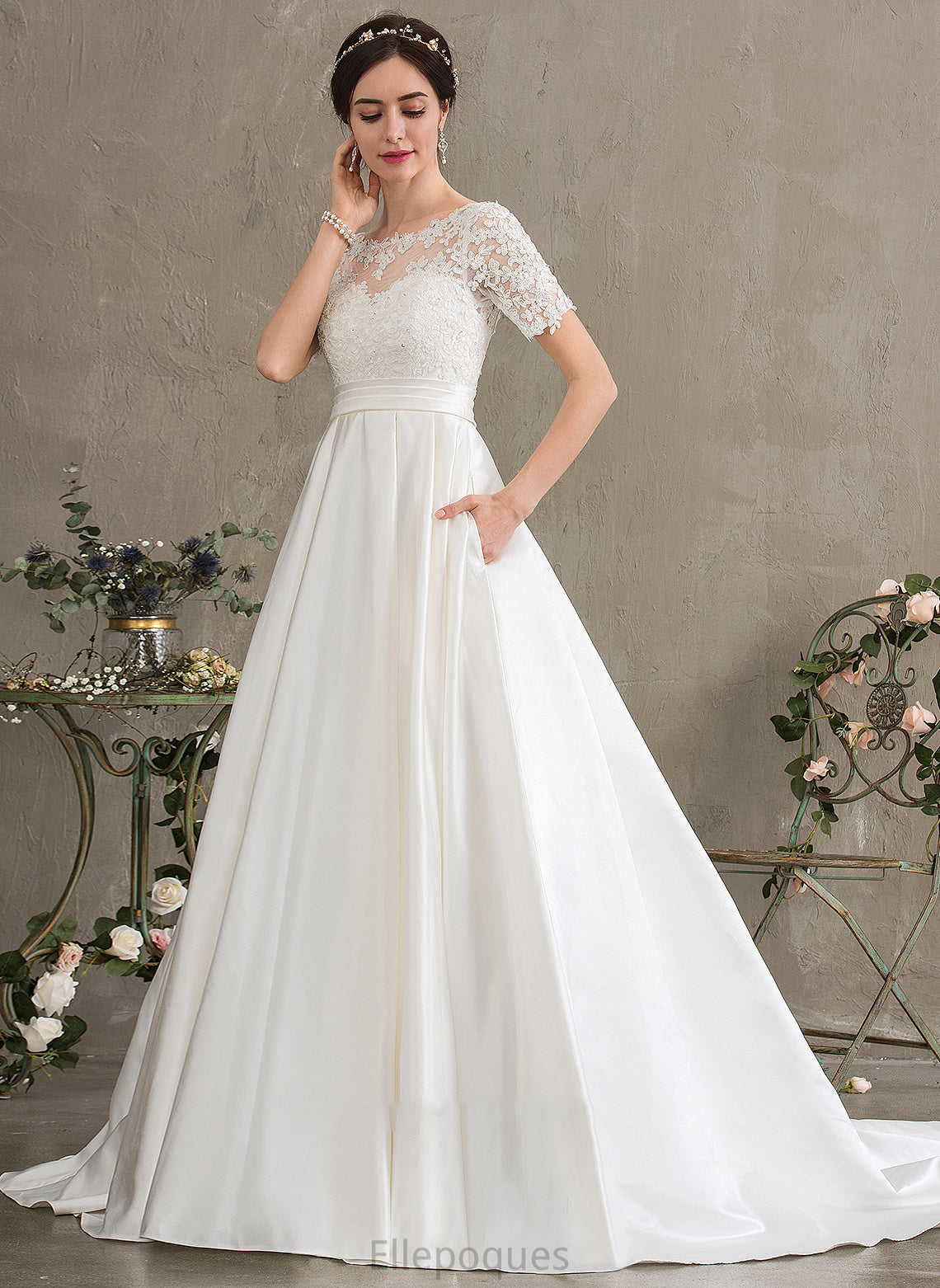 Ball-Gown/Princess Court Scoop Train Wedding Dresses Elsa Dress Sequins Pockets Beading Neck With Wedding Satin