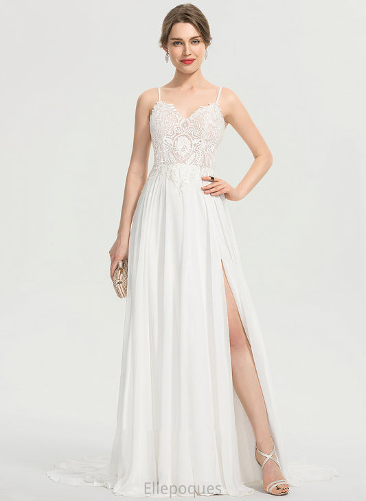 V-neck With Sweep Wedding Split Dress Alexis Front Train Chiffon Wedding Dresses A-Line