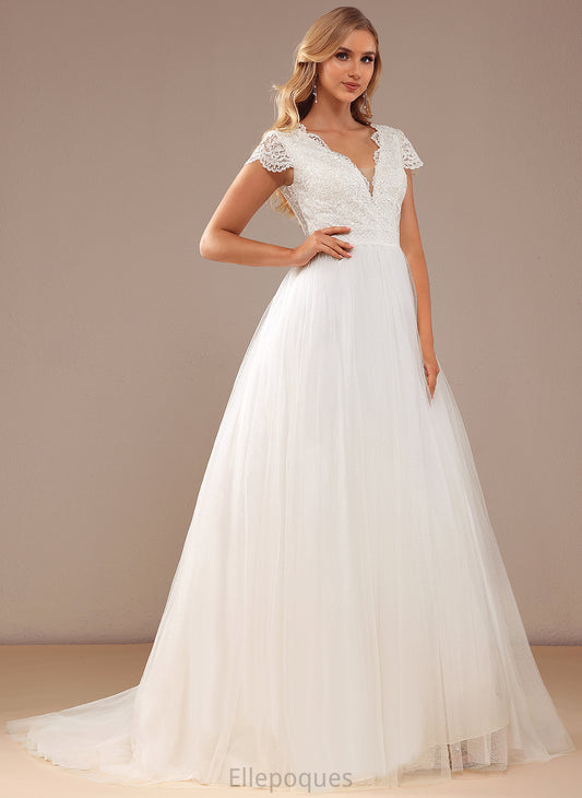 Tulle Lace Martha Court Wedding Dresses With Dress Train Ball-Gown/Princess Lace Wedding Sequins V-neck