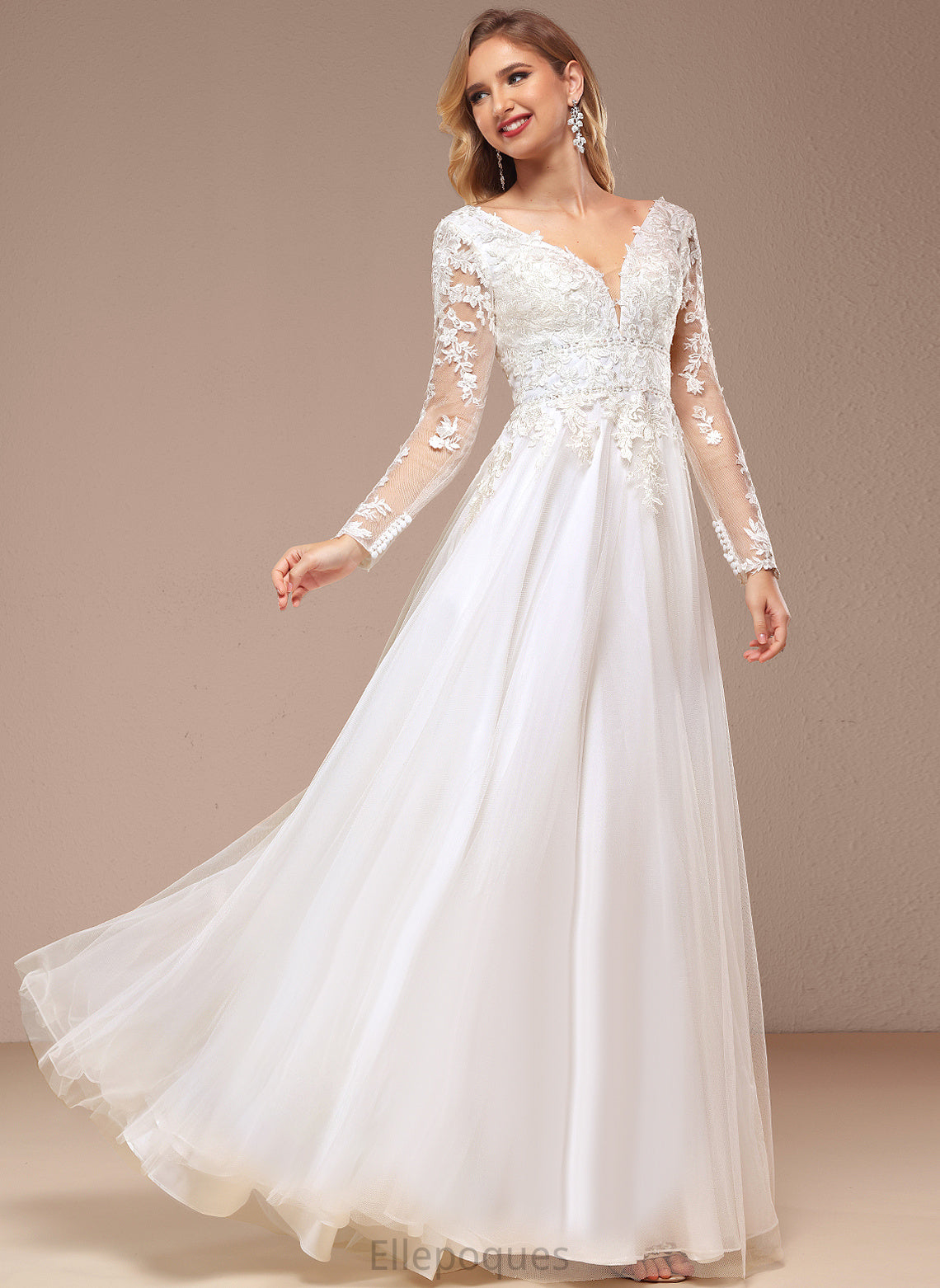 A-Line Dress Tulle Lace V-neck With Layla Sequins Floor-Length Wedding Dresses Beading Wedding