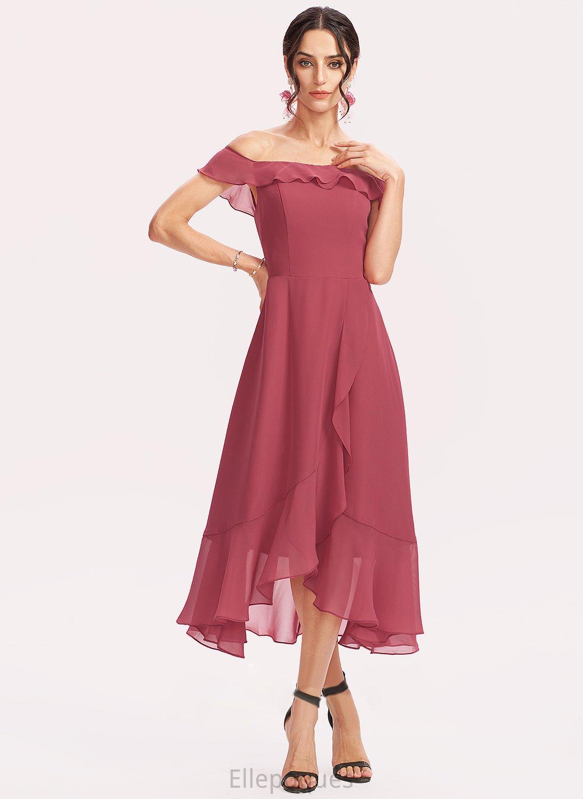 Length A-Line Off-the-Shoulder Tea-Length Fabric Embellishment Neckline Silhouette CascadingRuffles Ashleigh Spaghetti Staps Trumpet/Mermaid Bridesmaid Dresses