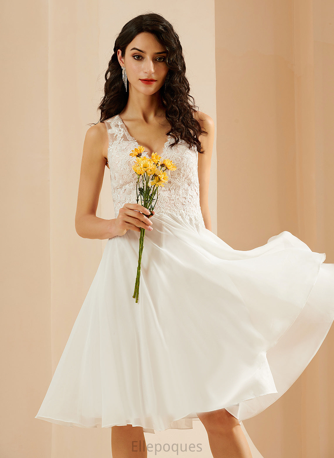 Chiffon V-neck A-Line Sequins Lace Wedding Dresses With Knee-Length Dress Elianna Wedding