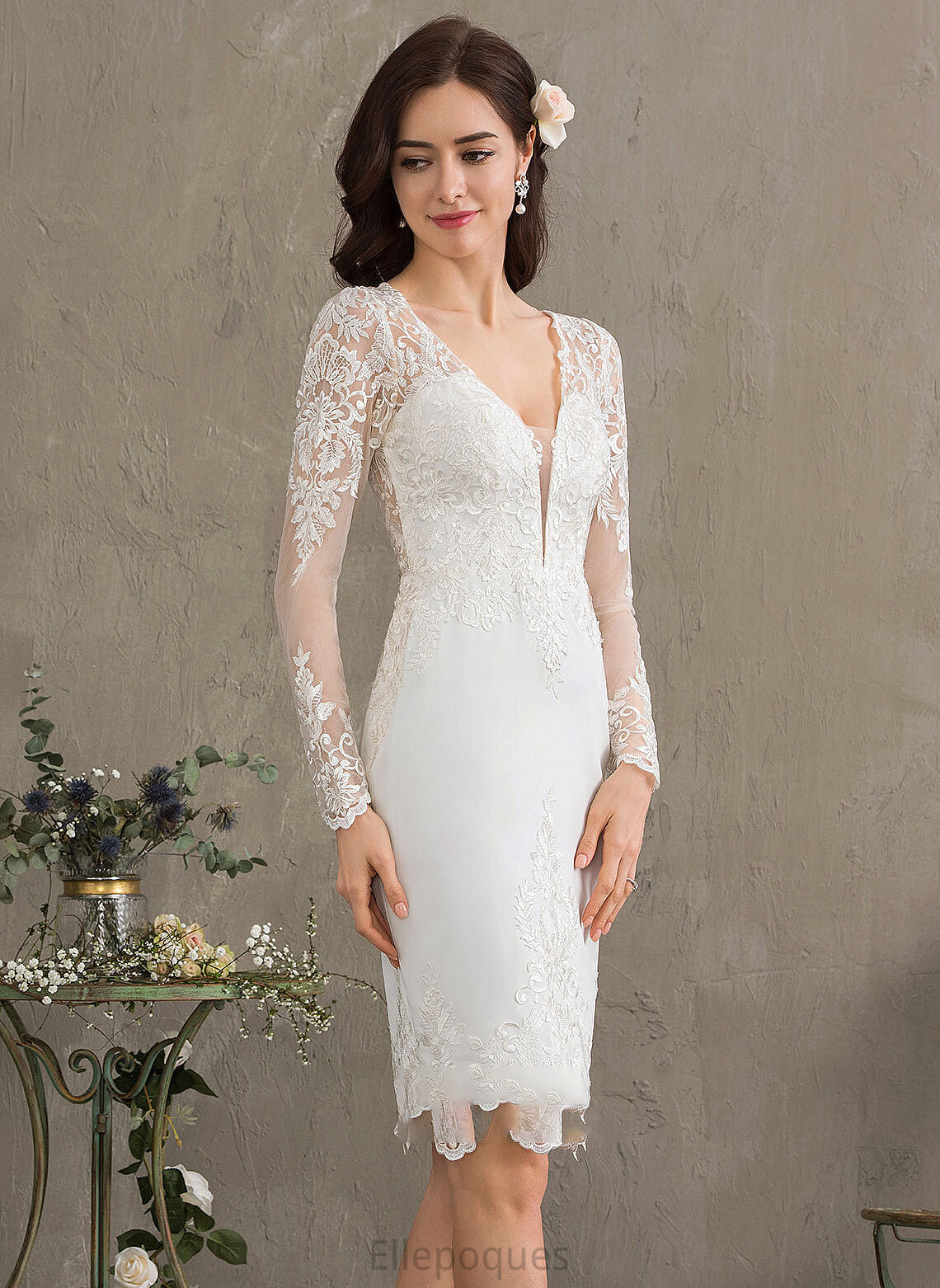 Wedding Crepe Knee-Length Stretch Dress Wedding Dresses Minnie Sheath/Column V-neck