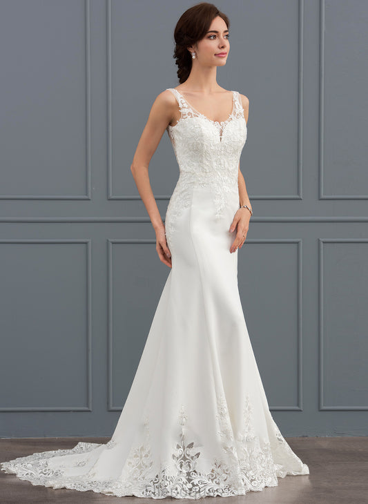 V-neck Court Vanessa Wedding Dresses Wedding Stretch Dress Train Sequins Crepe Trumpet/Mermaid With Lace