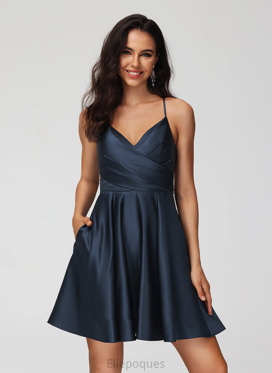 Homecoming Dresses With A-Line Dress V-neck Short/Mini Pleated Satin Homecoming Alayna